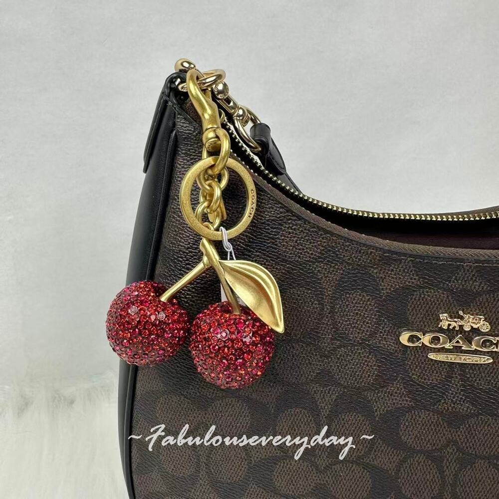 Coach Crystal Cherry Bag Charm Keychain Fob CCD32 Brass /Red NWT
